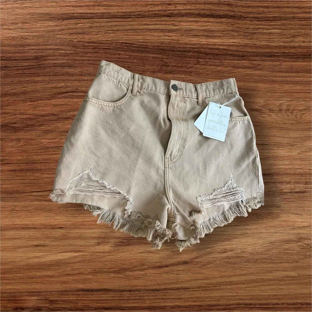 NWT Mumu‎ Denim Shorts Distressed Frayed Hem High Waist Casual Tan Sz 29  6/8